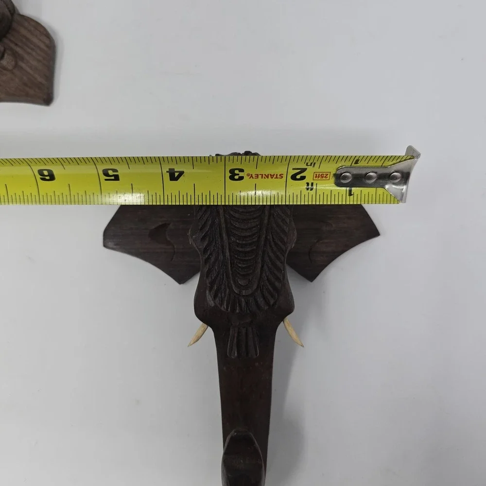 VTG Hand Carved Wood Elephant Head Wall Hanging /Hooks 6